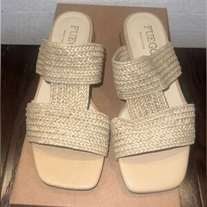 FUEGO Women’s Natural Woven Straw Square Toe T-Strap Slide On Sandals 5.5 NEW